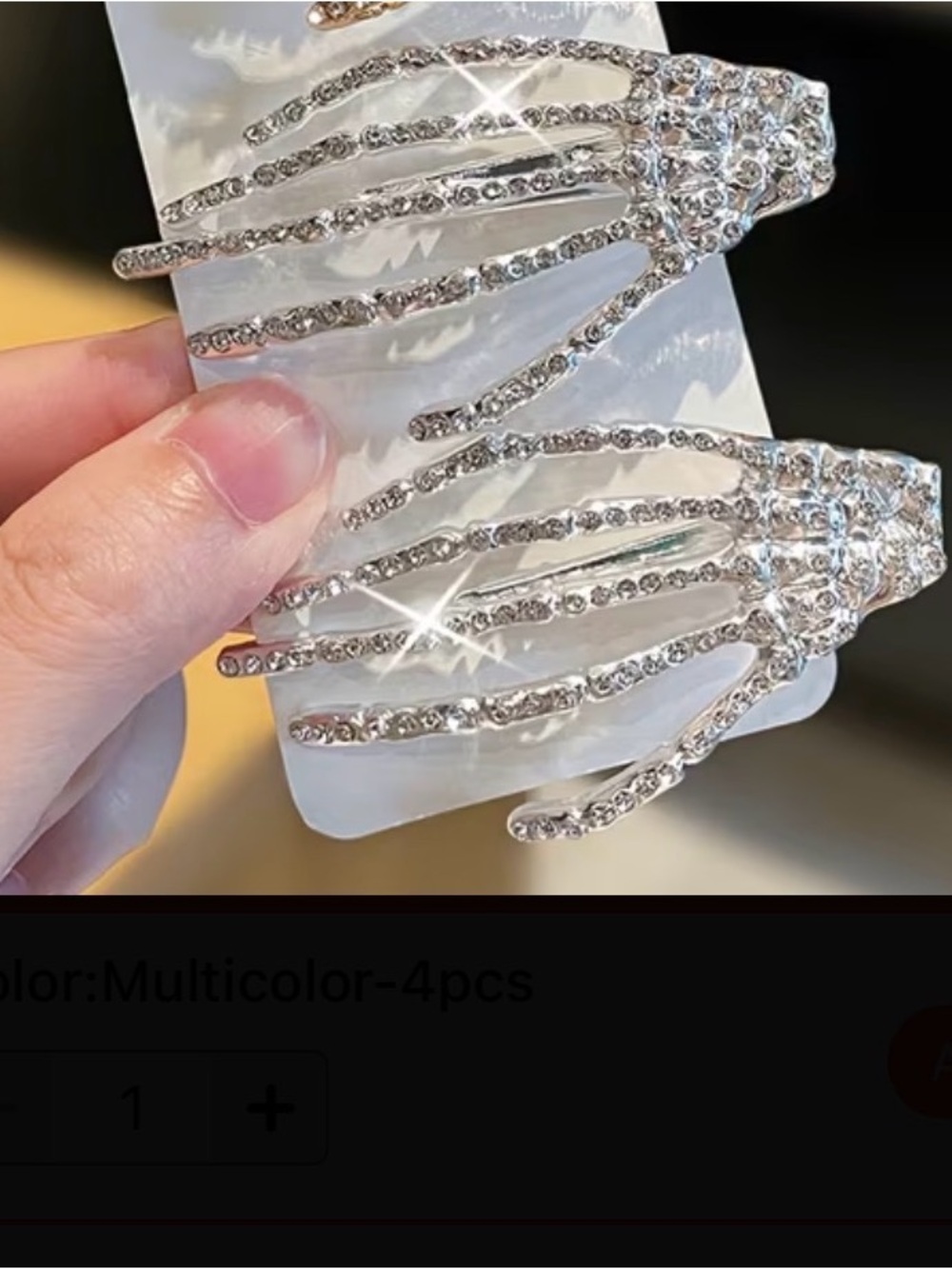 ⭐️ Rhinestone Silvertone Skeleton Hand Hair Clips - Set of 2
